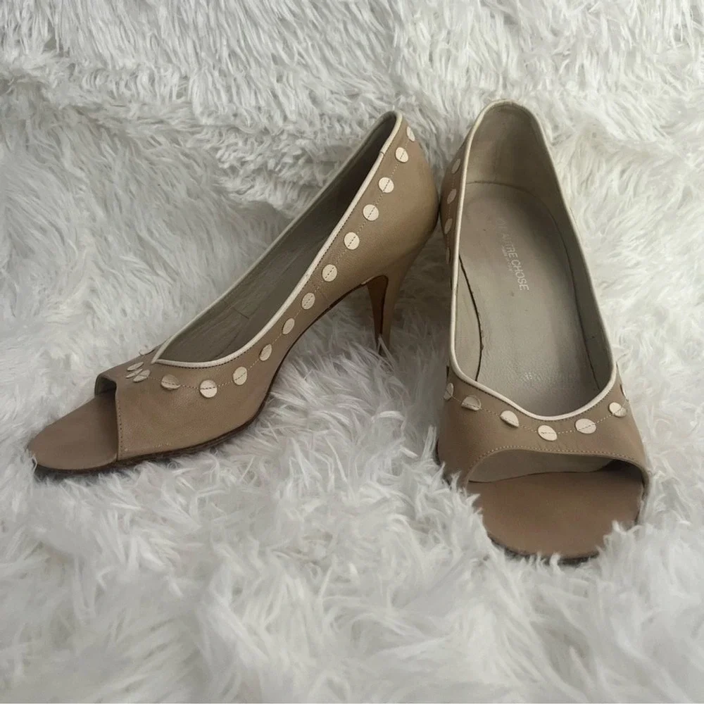 L'Autre Chose Tan Leather Peep Toe Polka Dot Studded Heels Pumps US 7.5‎ 37.5
